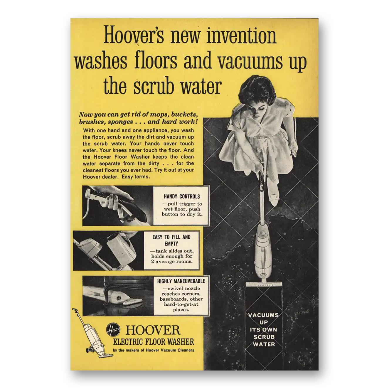 1960 Hoover Vacuum New Invention Washes Floors Vintage Magazine Print Ad