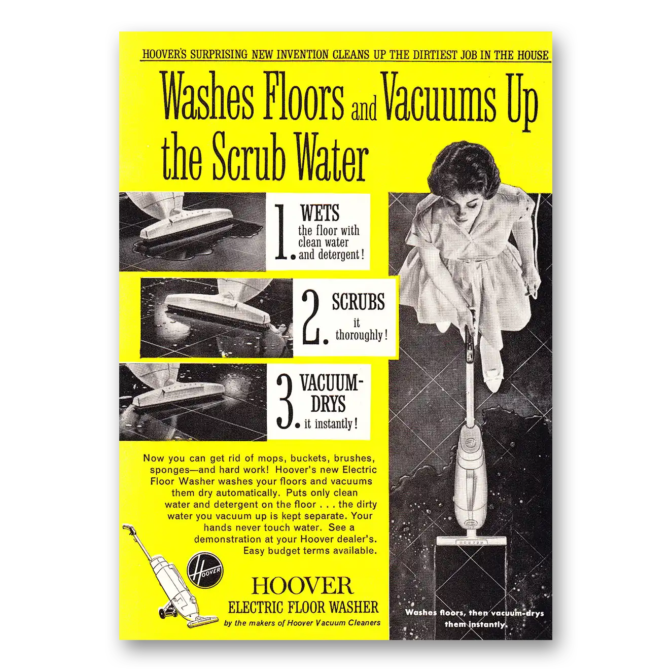 1960 Hoover Vacuum Electric Floor Washer Washes Floor and Vacuums Vintage Magazine Print Ad