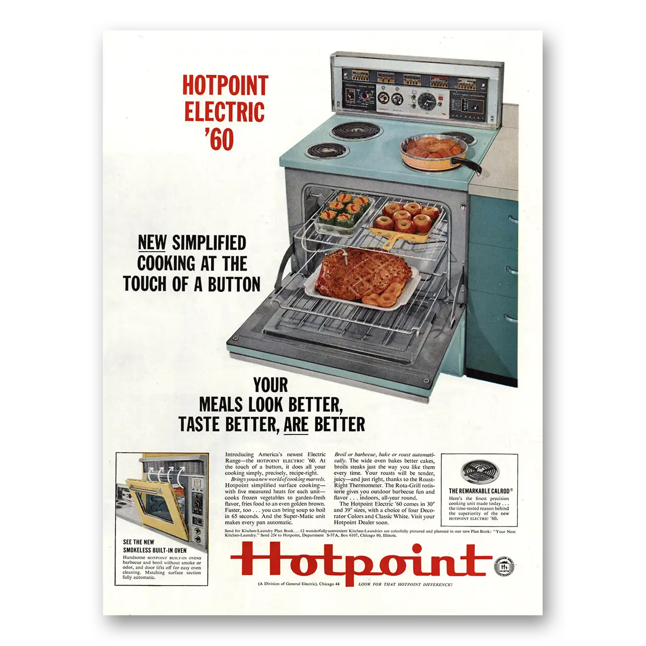 1960 Hotpoint Oven Simplified Cooking at the Touch of Button Vintage Magazine Print Ad