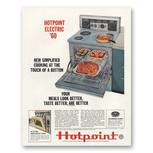 1960 Hotpoint Oven Cooking at the Touch of Button Vintage Magazine Print Ad