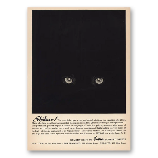 1960 India Shikar The Eyes of the Tiger Vintage Magazine Print Ad