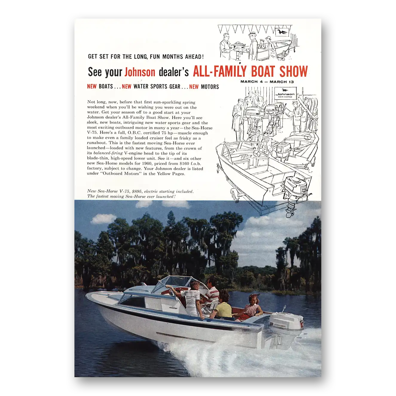 1960 Johnson Sea Horse Motors All Family Boat Show Vintage Magazine Print Ad