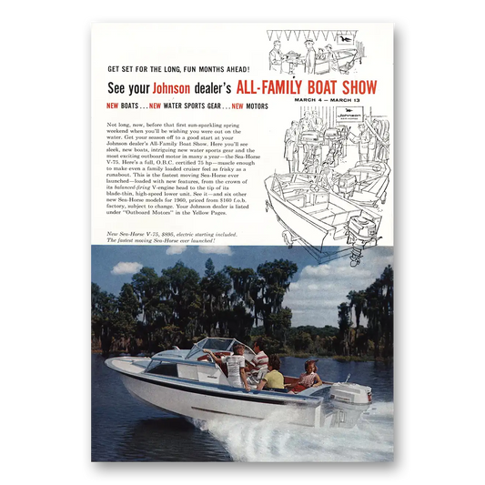 1960 Johnson Sea Horse Motors All Family Boat Show Vintage Magazine Print Ad