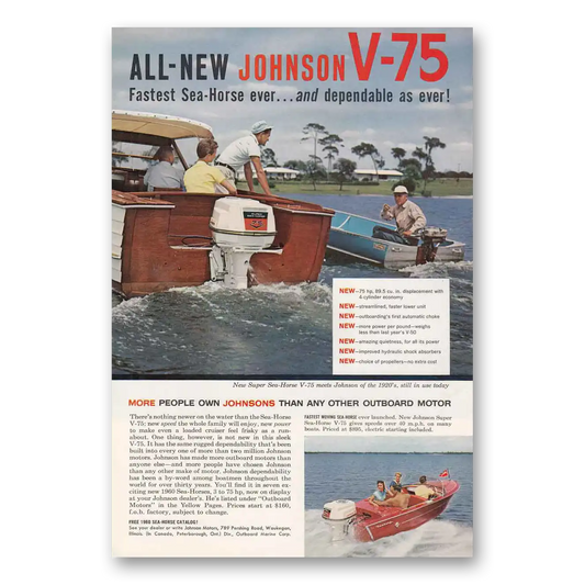 1960 Johnson Sea Horse Motors Fastest Sea Horse Ever and Dependable Vintage Magazine Print Ad