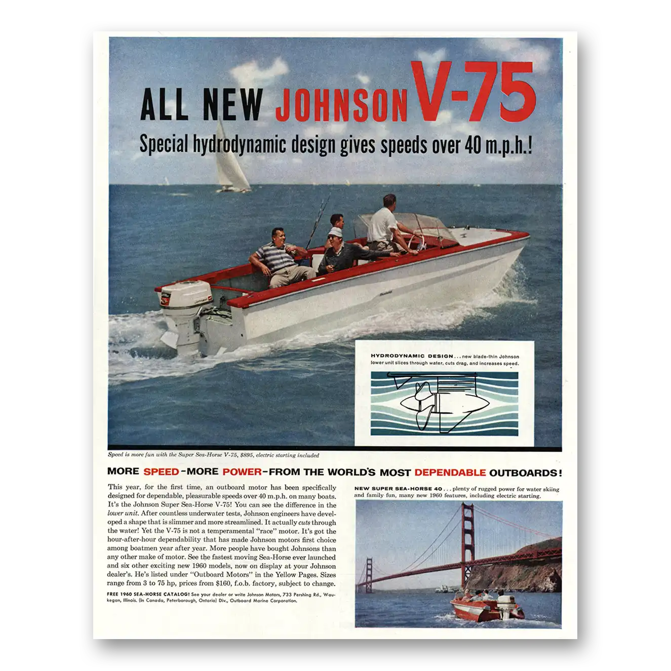 1960 Johnson Sea Horse Motors Special Hydrodynamic Design Vintage Magazine Print Ad