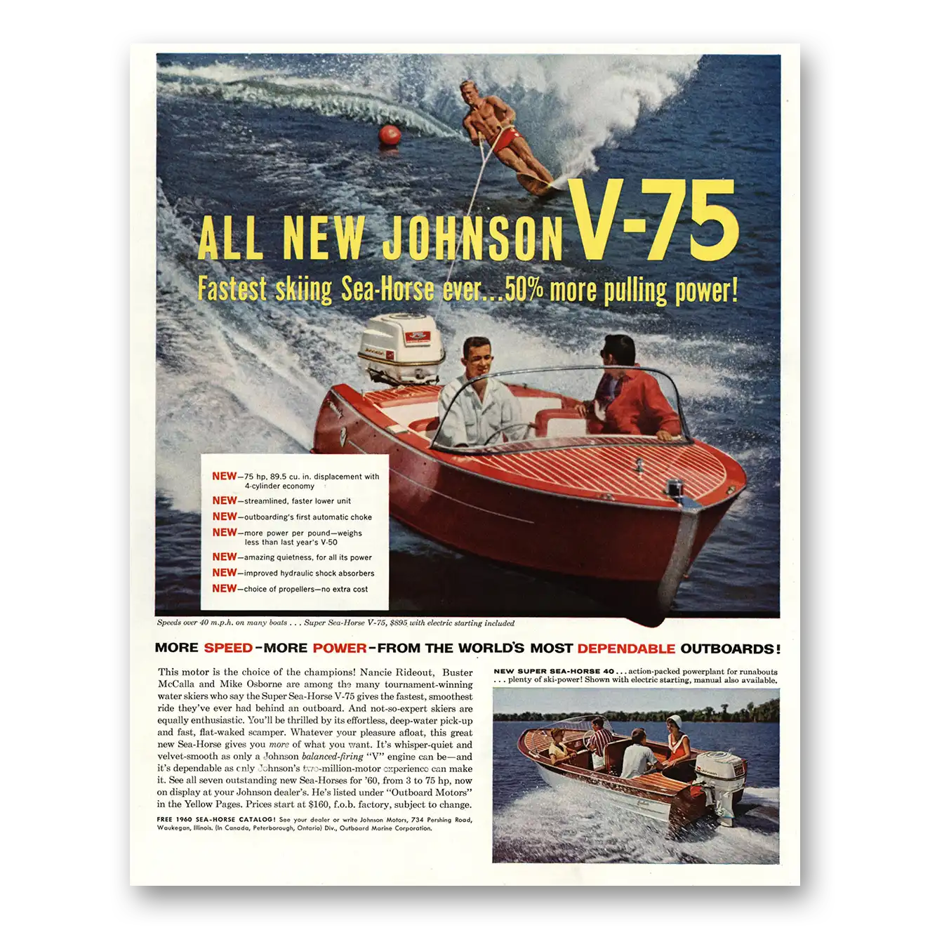 1960 Johnson Sea Horse Motors Fastest Skiing Sea Horse Ever Vintage Magazine Print Ad