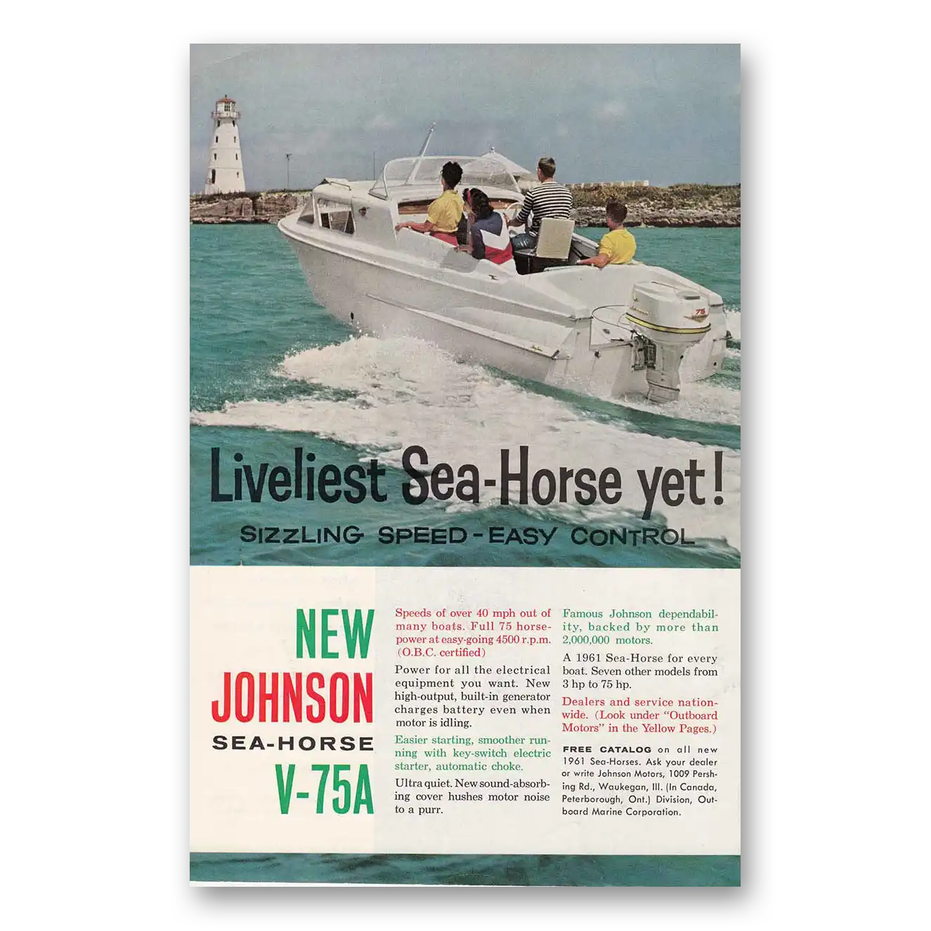 1960 Johnson Sea Horse Motors Sizzling Speed Vintage Magazine Print Ad