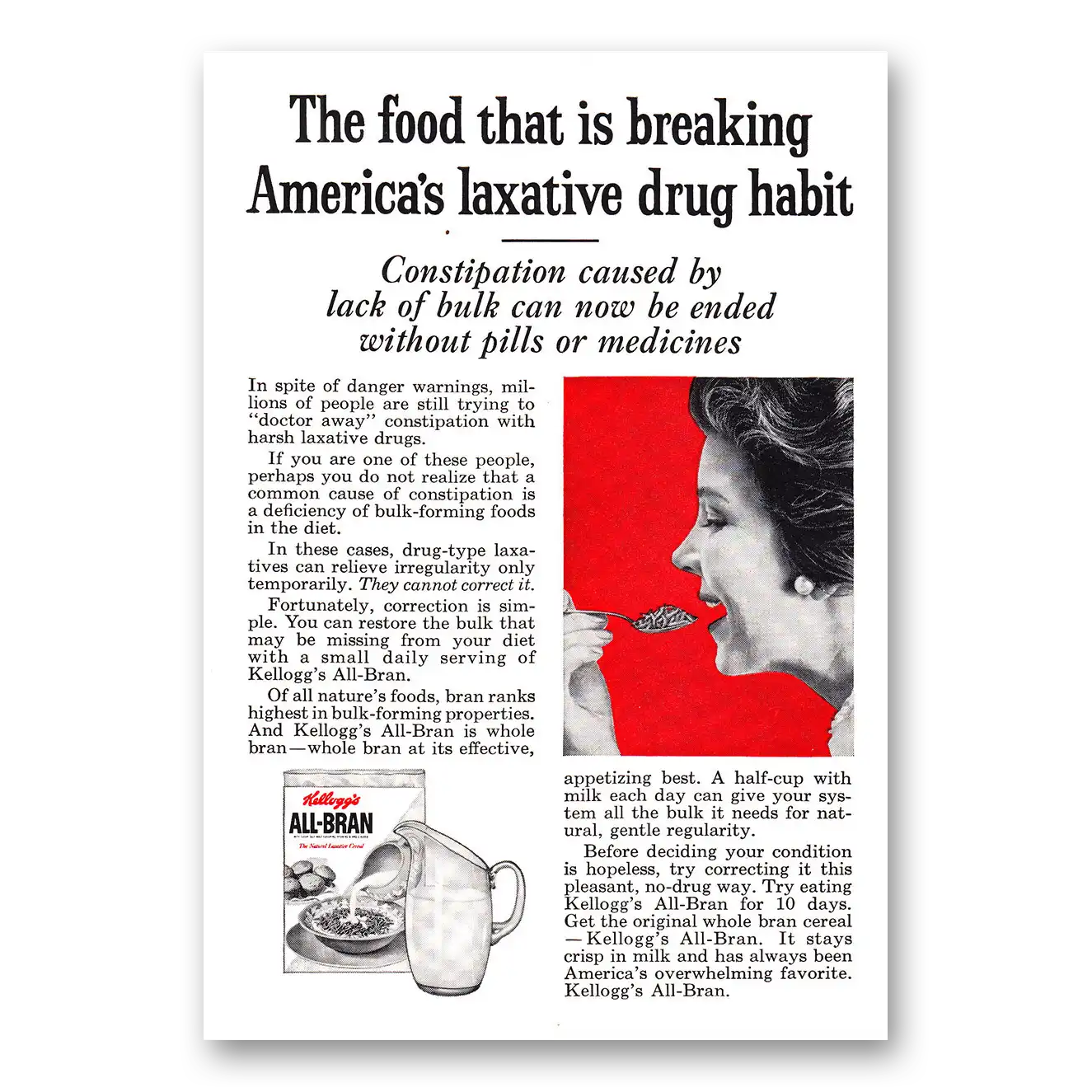 1960 Kelloggs All Bran Cereal Laxative Drug Habit Vintage Magazine Print Ad