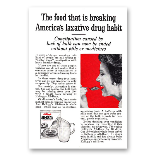 1960 Kelloggs All Bran Cereal Laxative Drug Habit Vintage Magazine Print Ad