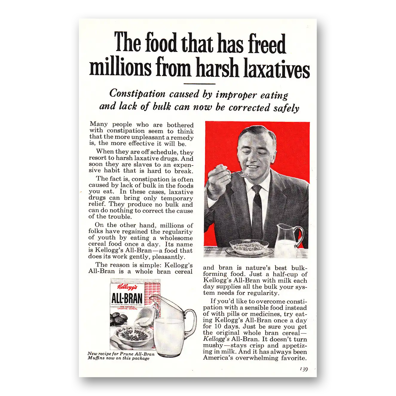 1960 Kelloggs All Bran Cereal Freed Millions From Harsh Laxatives Vintage Magazine Print Ad