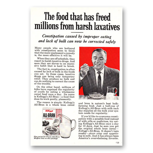 1960 Kelloggs All Bran Cereal Freed Millions From Harsh Laxatives Vintage Magazine Print Ad