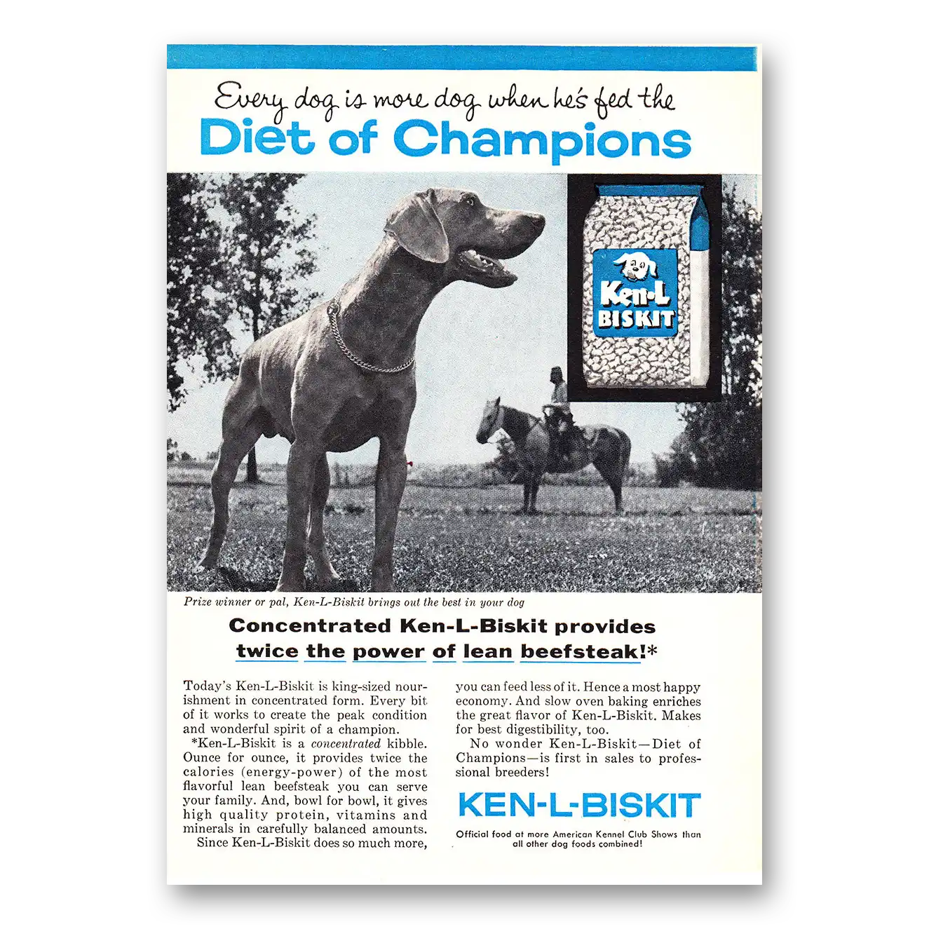 1960 Ken-L-Ration Dog Food Biskit Diet of Champions Vintage Magazine Print Ad