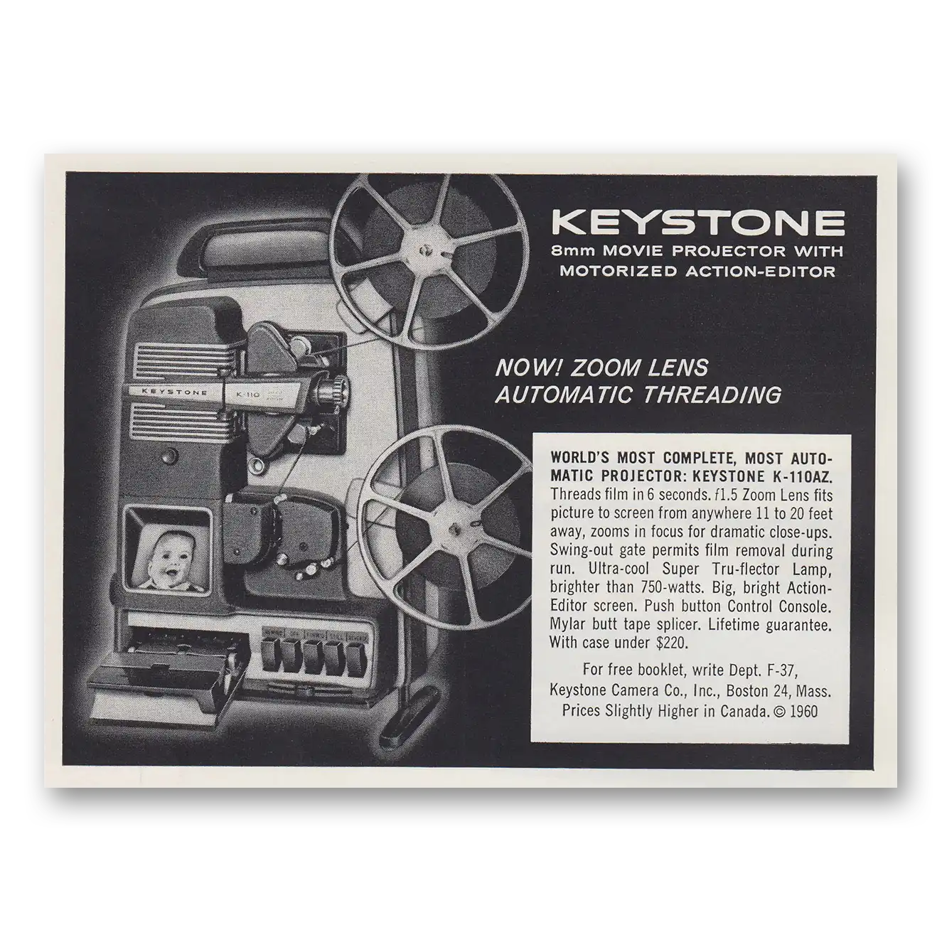 1960 Keystone Camera Movie Projector Zoom Lens Automatic Threading Vintage Magazine Print Ad