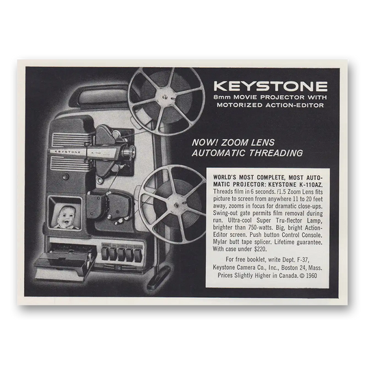 1960 Keystone Camera Movie Projector Zoom Lens Automatic Threading Vintage Magazine Print Ad