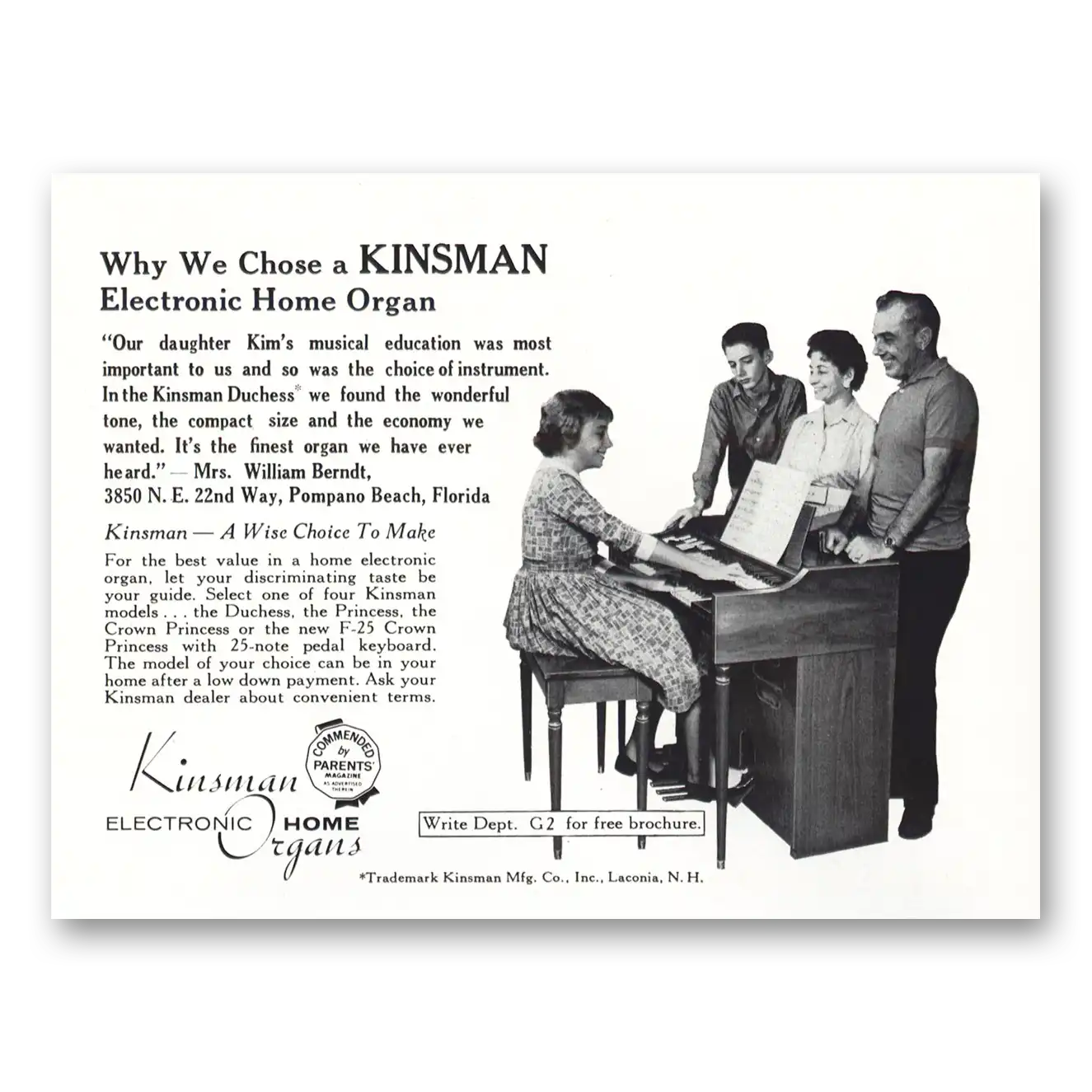 1961 Kinsman Home Organs Electronic Home Organ Our Daughter Kim Vintage Magazine Print Ad