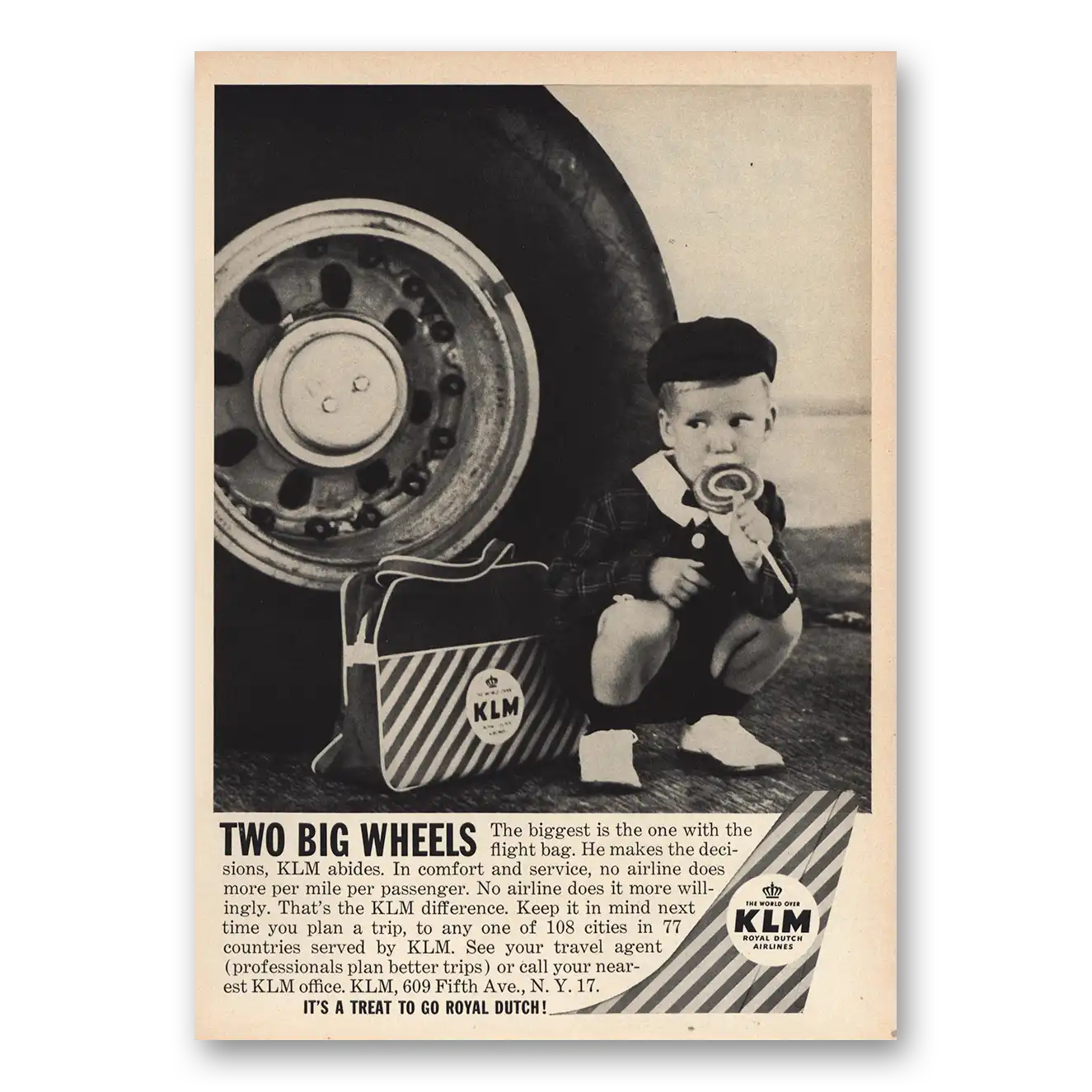 1960 KLM Royal Dutch Airlines Two Big Wheels Vintage Magazine Print Ad