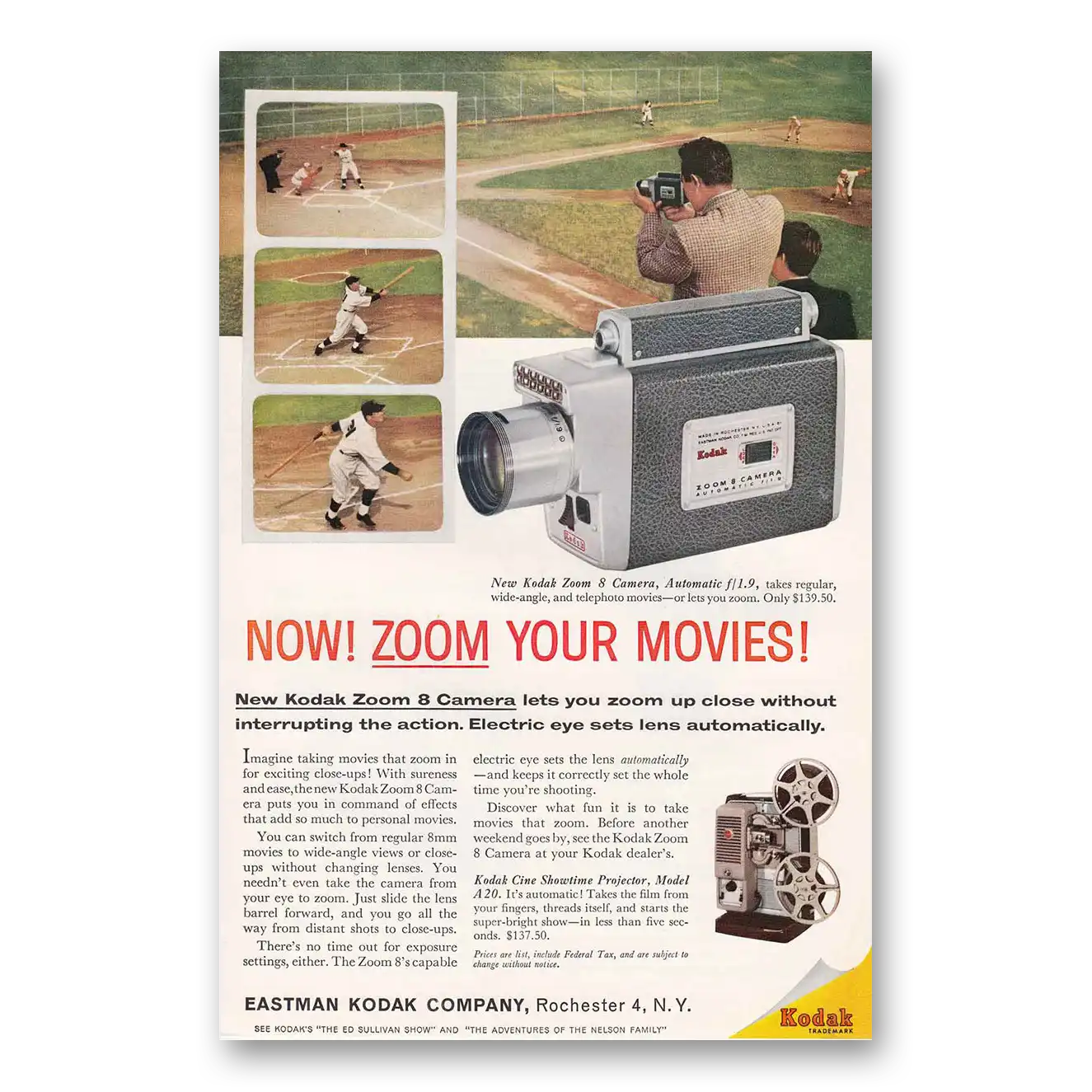 1960 Kodak Movie Camera Zoom Your Movies Baseball Vintage Magazine Print Ad