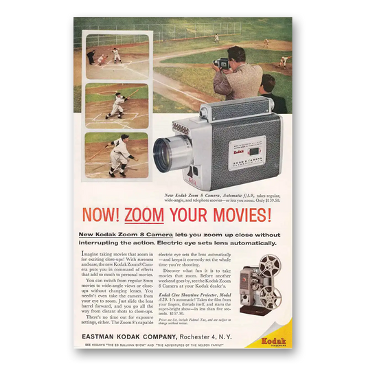 1960 Kodak Movie Camera Zoom Your Movies Baseball Vintage Magazine Print Ad