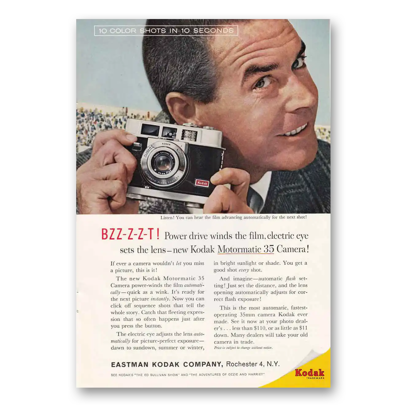 1960 Kodak Motormatic Camera Bzz Power Drive Winds the Film Vintage Magazine Print Ad