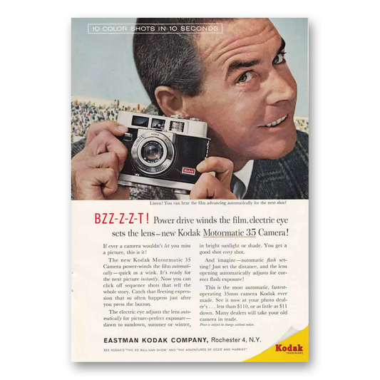 1960 Kodak Motormatic Camera Bzz Power Drive Winds the Film Vintage Magazine Print Ad