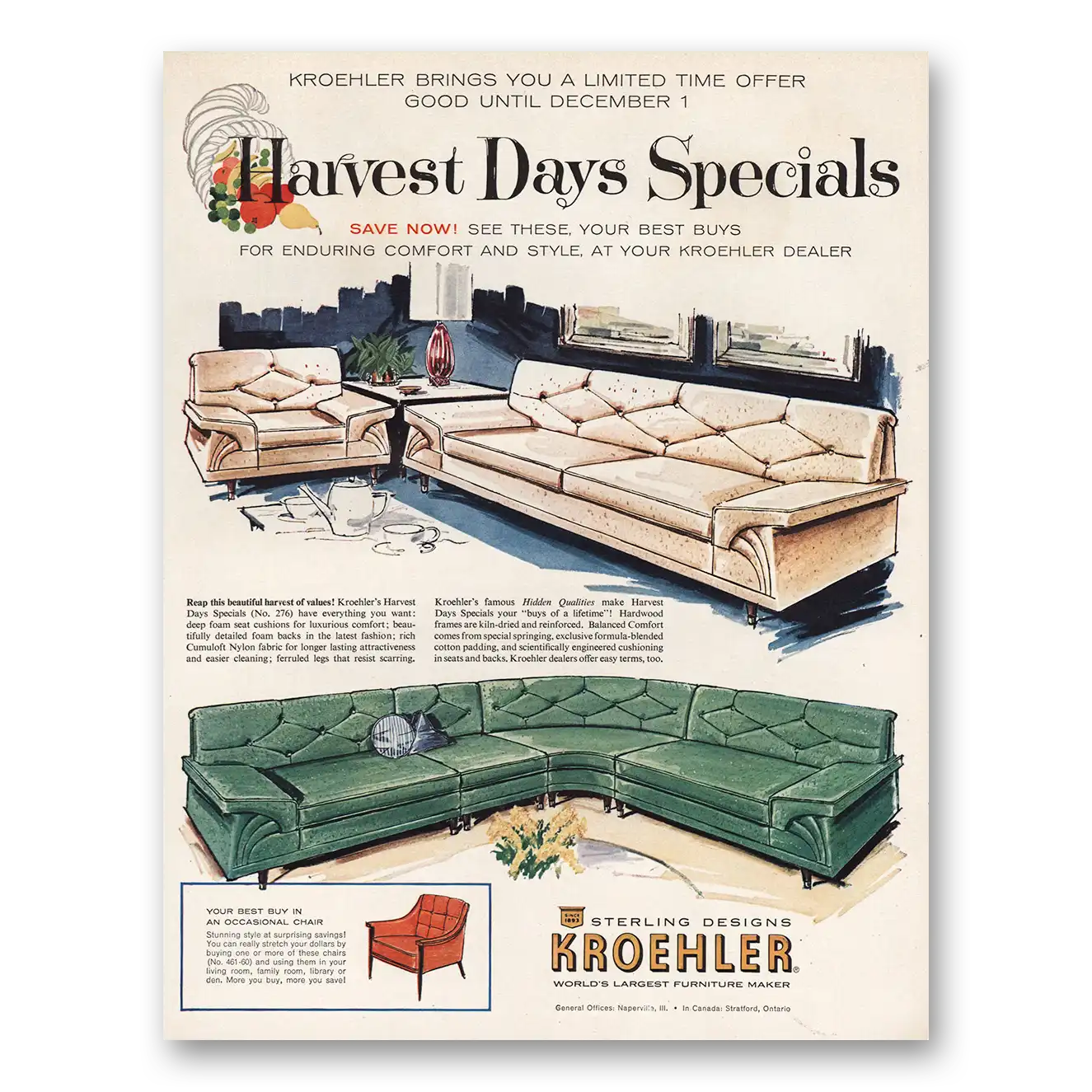 1960 Kroehler Furniture Harvest Days Specials Vintage Magazine Print Ad