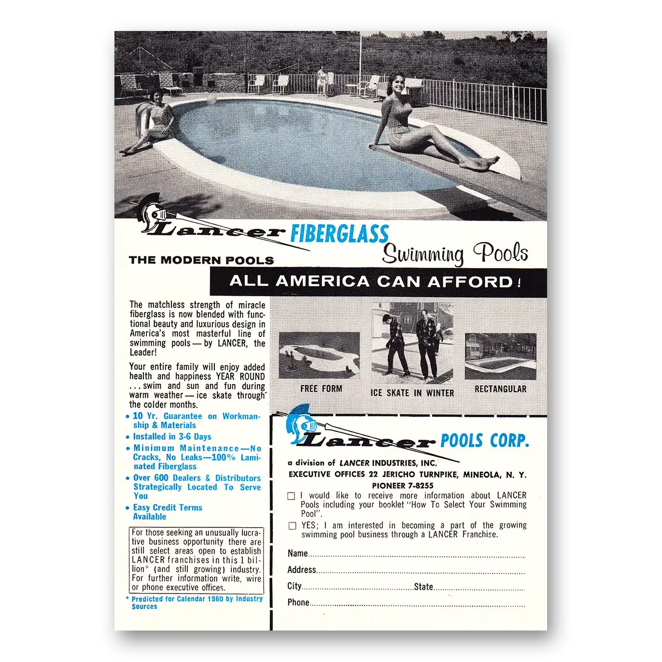 1960 Lancer Pools Fiberglass Swimming Pools Vintage Magazine Print Ad