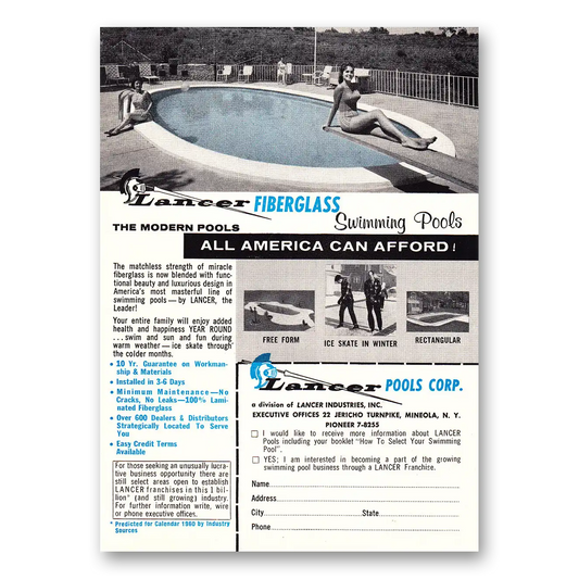 1960 Lancer Pools Fiberglass Swimming Pools Vintage Magazine Print Ad