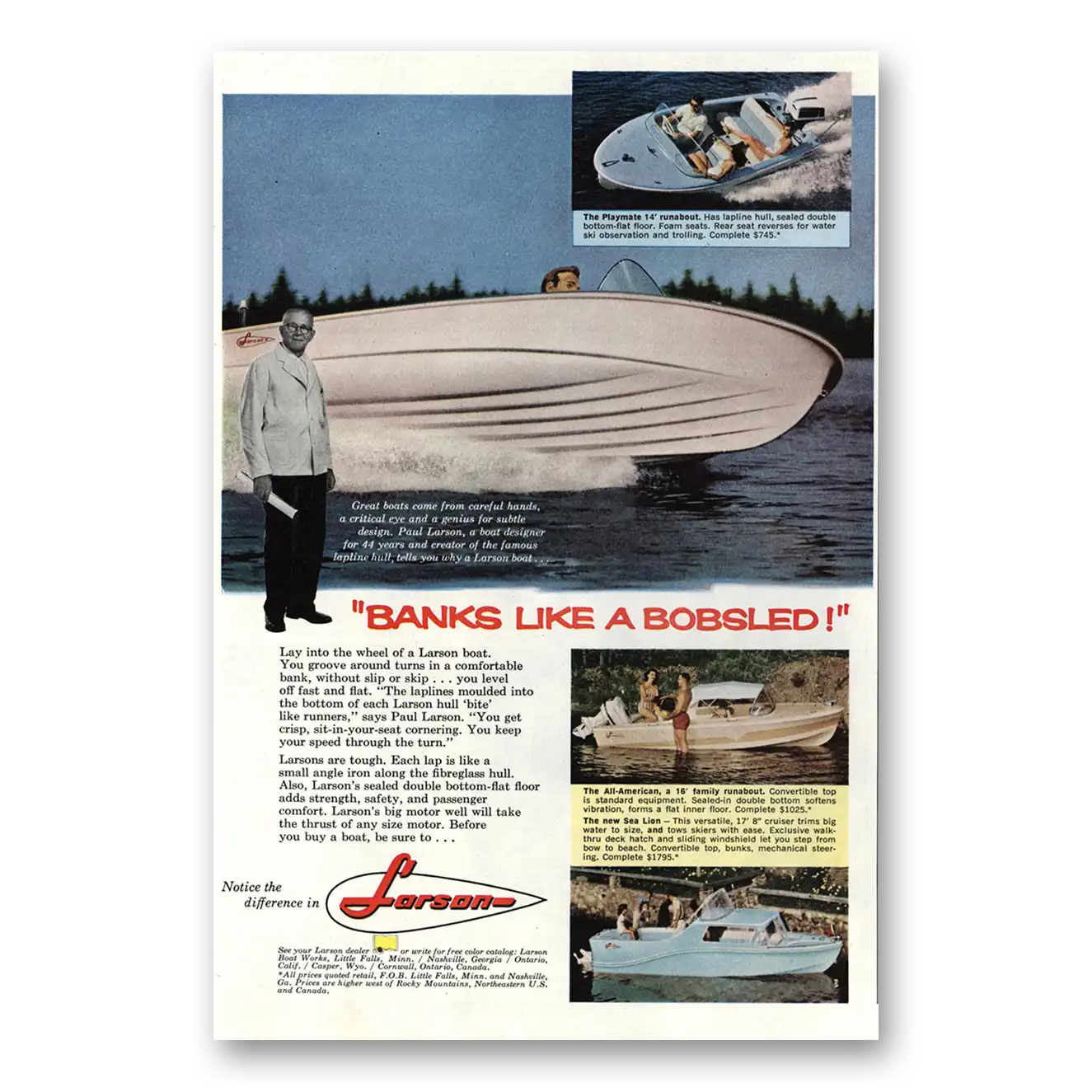 1960 Larson Boats Banks Like a Bobsled Vintage Magazine Print Ad