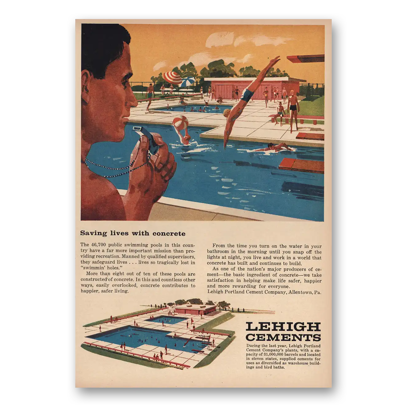 1960 Lehigh Cements Saving Lives With Concrete Swimming Pool Vintage Magazine Print Ad