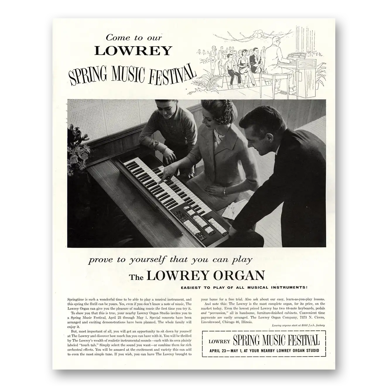 1960 Lowrey Organs Spring Music Festival Vintage Magazine Print Ad