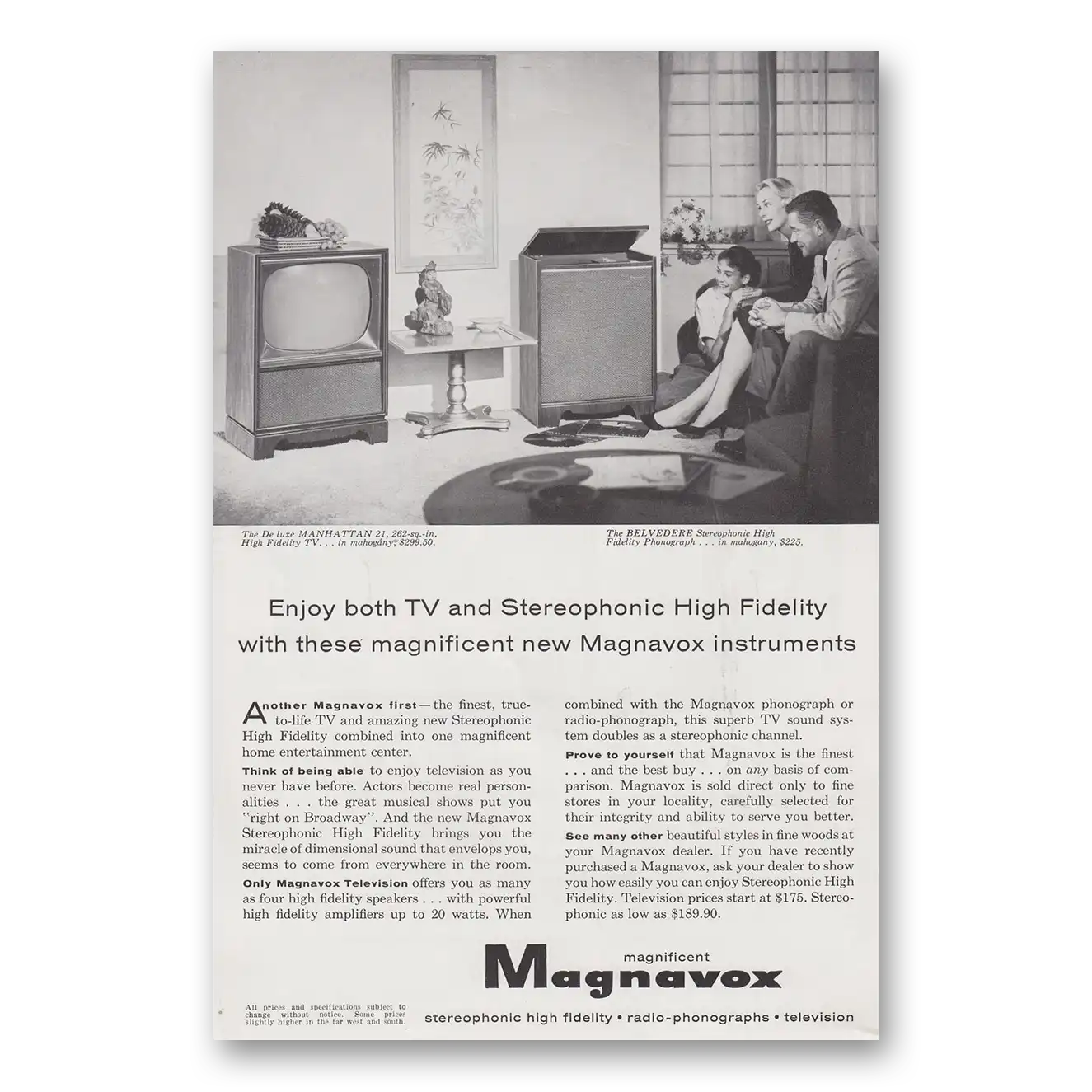 1958 Magnavox Television Enjoy Both TV and Stereophonic High Fidelity Vintage Magazine Print Ad