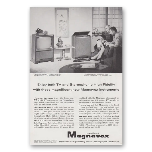 1958 Magnavox Television Enjoy Both TV and Stereophonic High Fidelity Vintage Magazine Print Ad