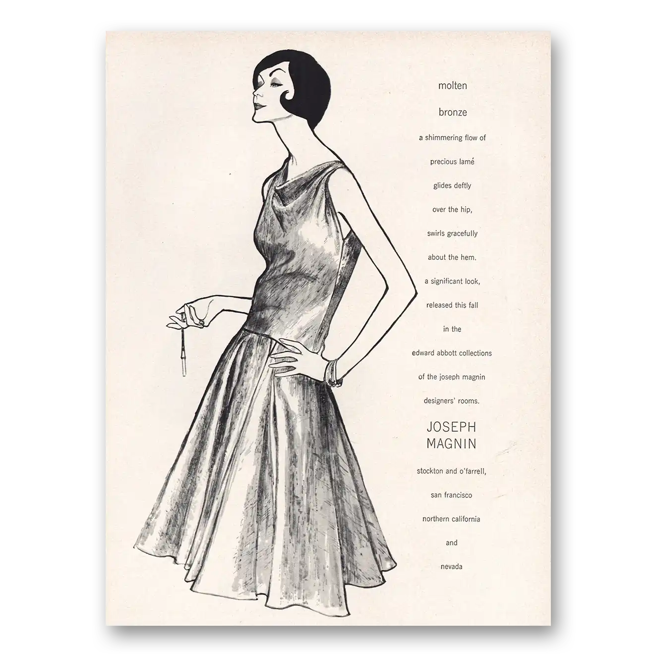 1960 Joseph Magnin Molten Bronze Shimmering Flow Vintage Magazine Print Ad