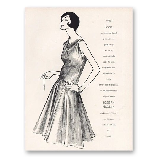 1960 Joseph Magnin Molten Bronze Shimmering Flow Vintage Magazine Print Ad