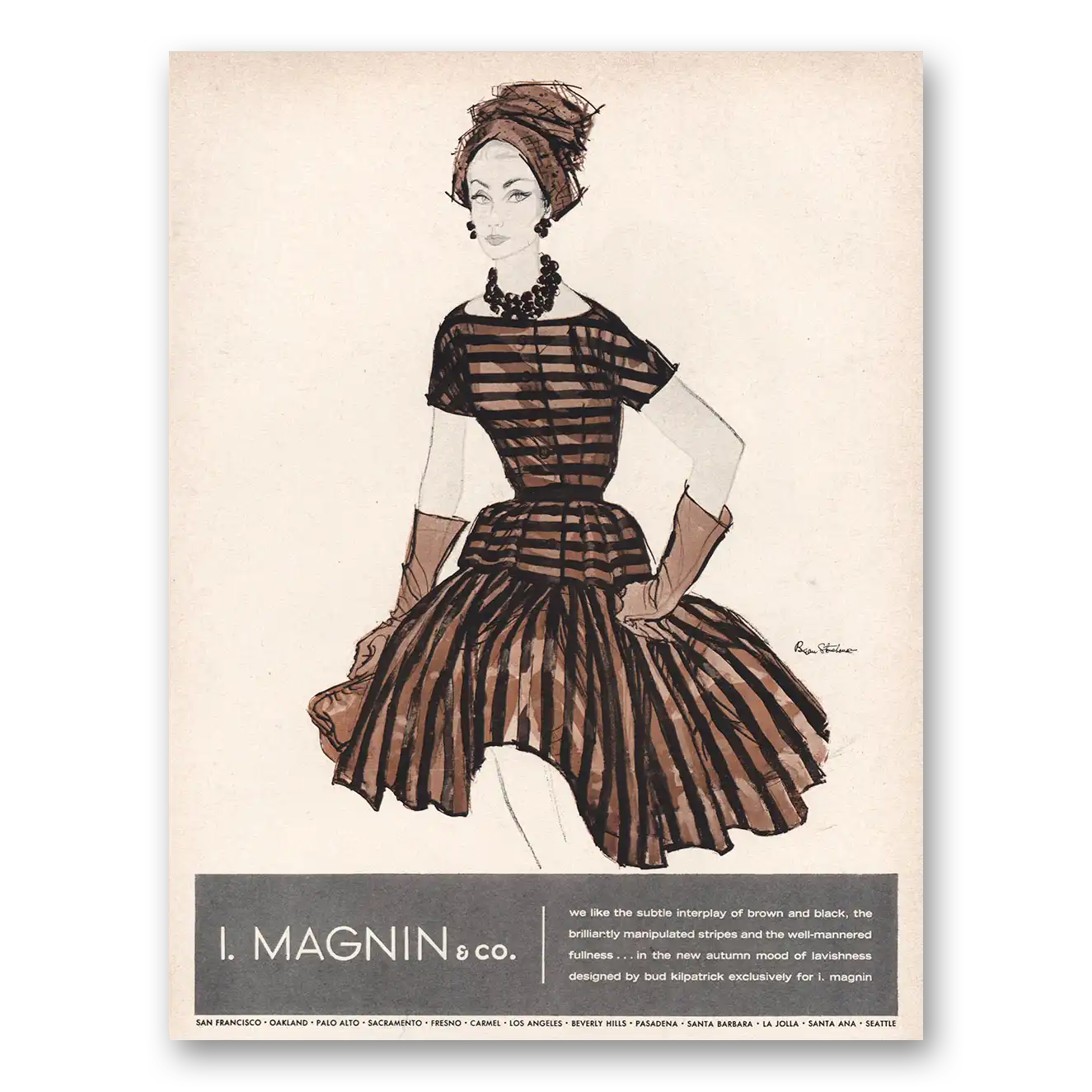 1960 I Magnin Subtle Interplay Brown and Black Vintage Magazine Print Ad