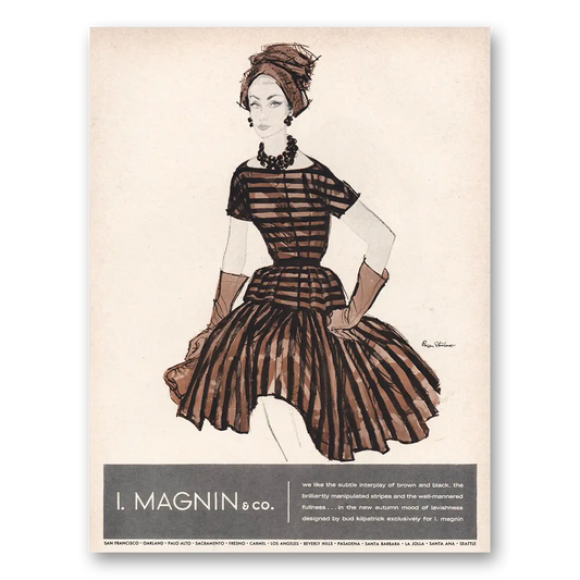 1960 I Magnin Subtle Interplay Brown and Black Vintage Magazine Print Ad