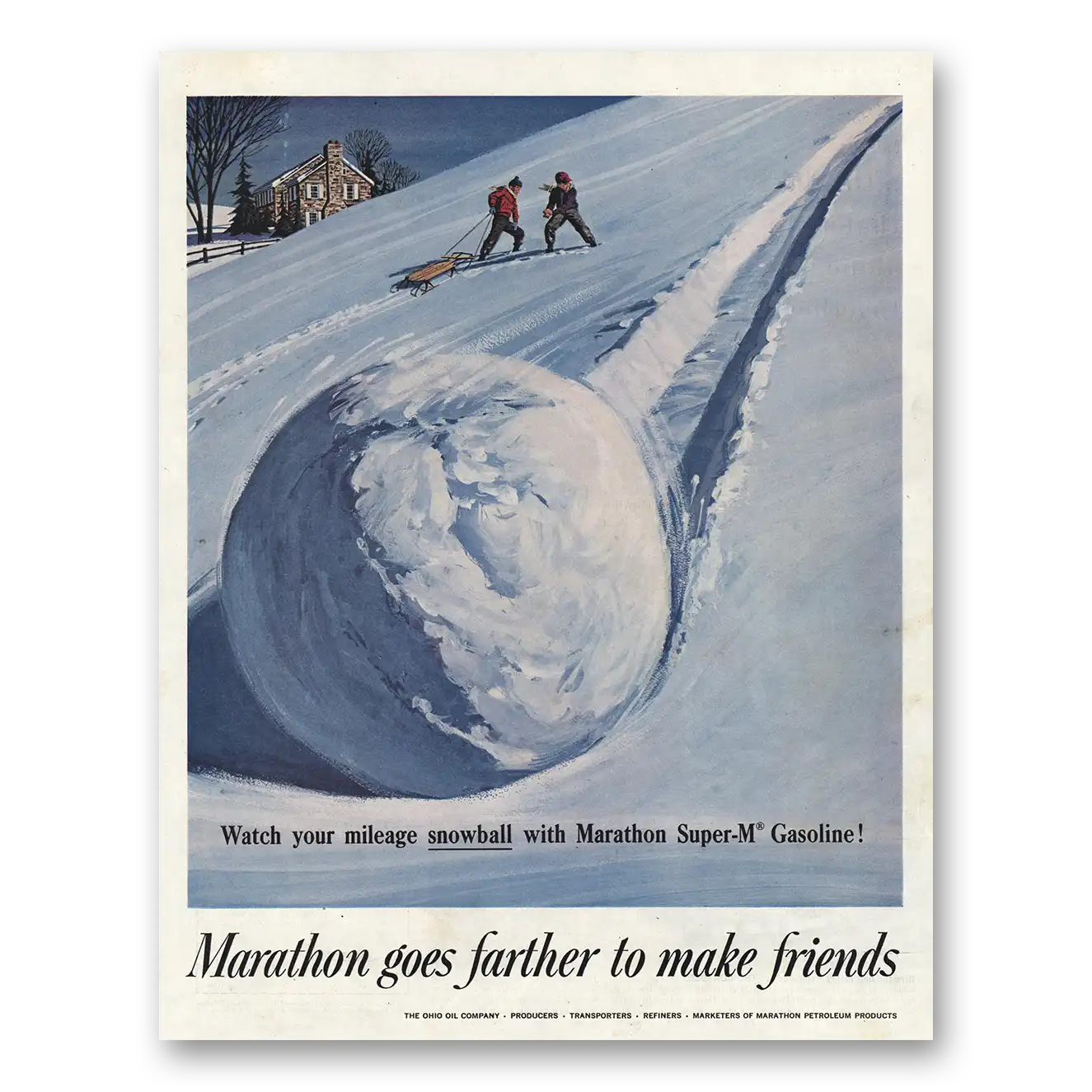 1960 Marathon Gasoline Your Mileage Snowball Vintage Magazine Print Ad