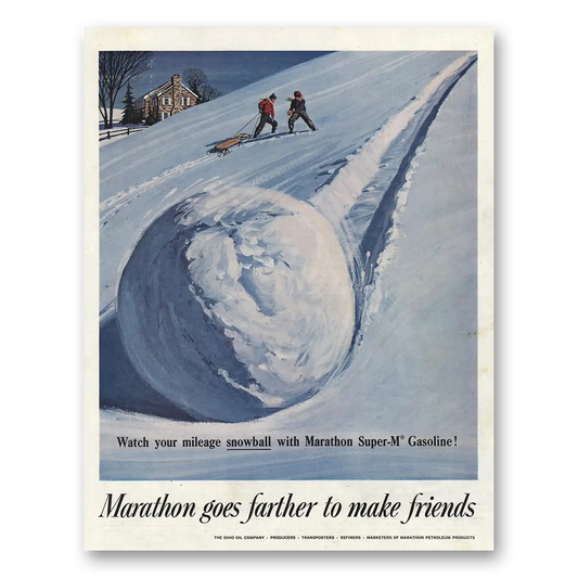 1960 Marathon Gasoline Your Mileage Snowball Vintage Magazine Print Ad