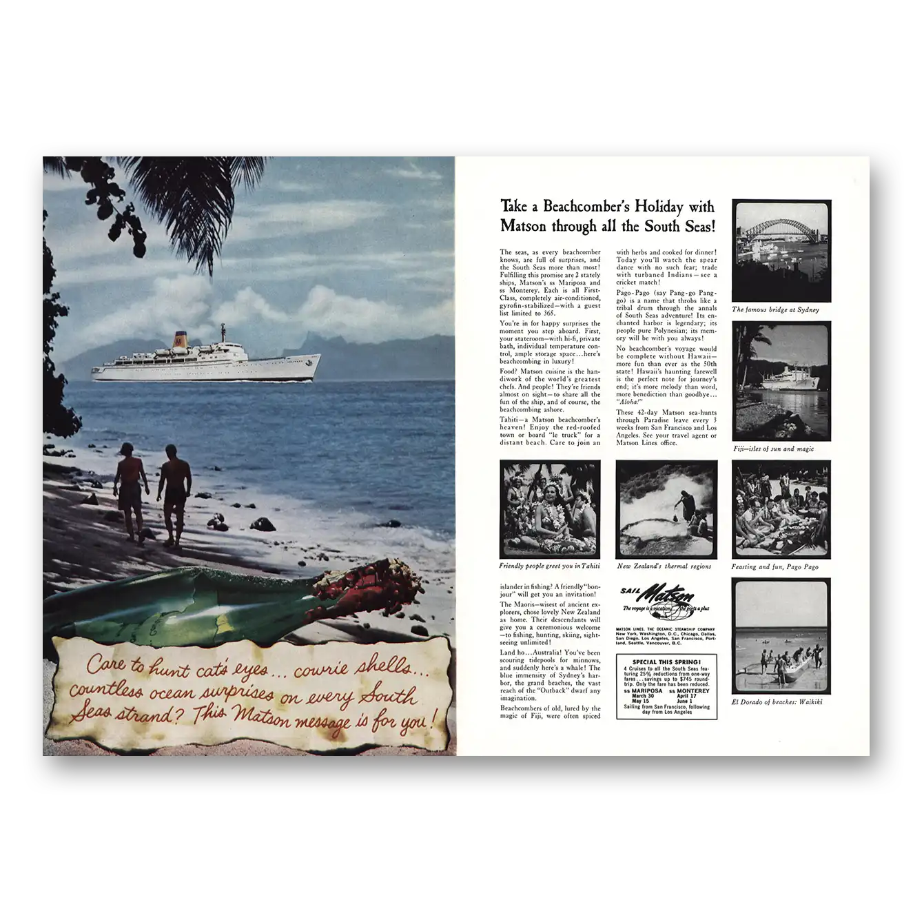 1960 Matson Line Beachcombers Holiday Vintage Magazine Print Ad