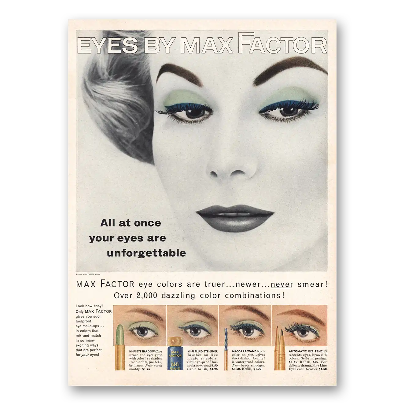 1960 Max Factor Mascara Eye Colors Eyes Are Unforgettable Vintage Magazine Print Ad