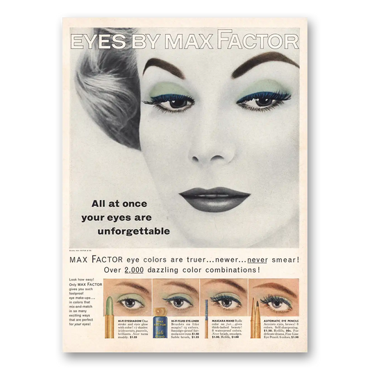 1960 Max Factor Mascara Eye Colors Eyes Are Unforgettable Vintage Magazine Print Ad