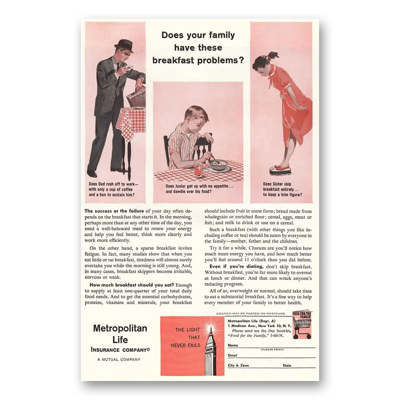 1960 Metropolitan Life Insurance Breakfast Problems Vintage Magazine Print Ad