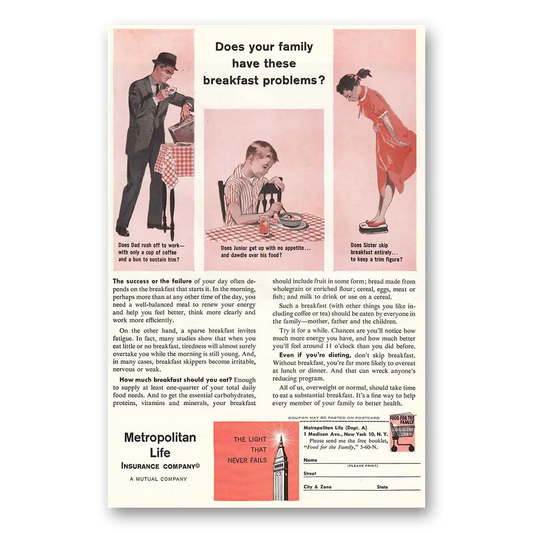 1960 Metropolitan Life Insurance Breakfast Problems Vintage Magazine Print Ad