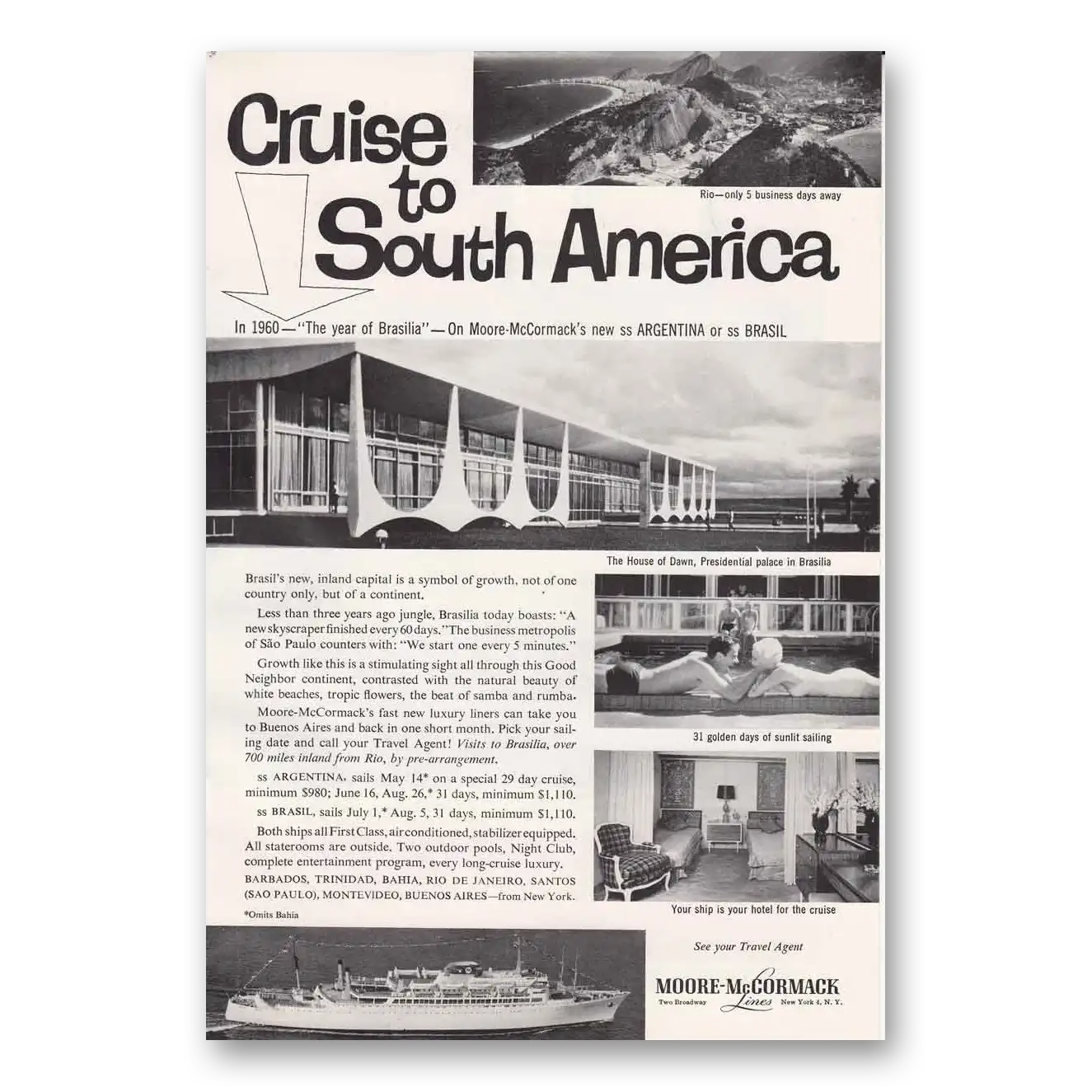 1960 Moore McCormack Lines Cruise to South America Vintage Magazine Print Ad