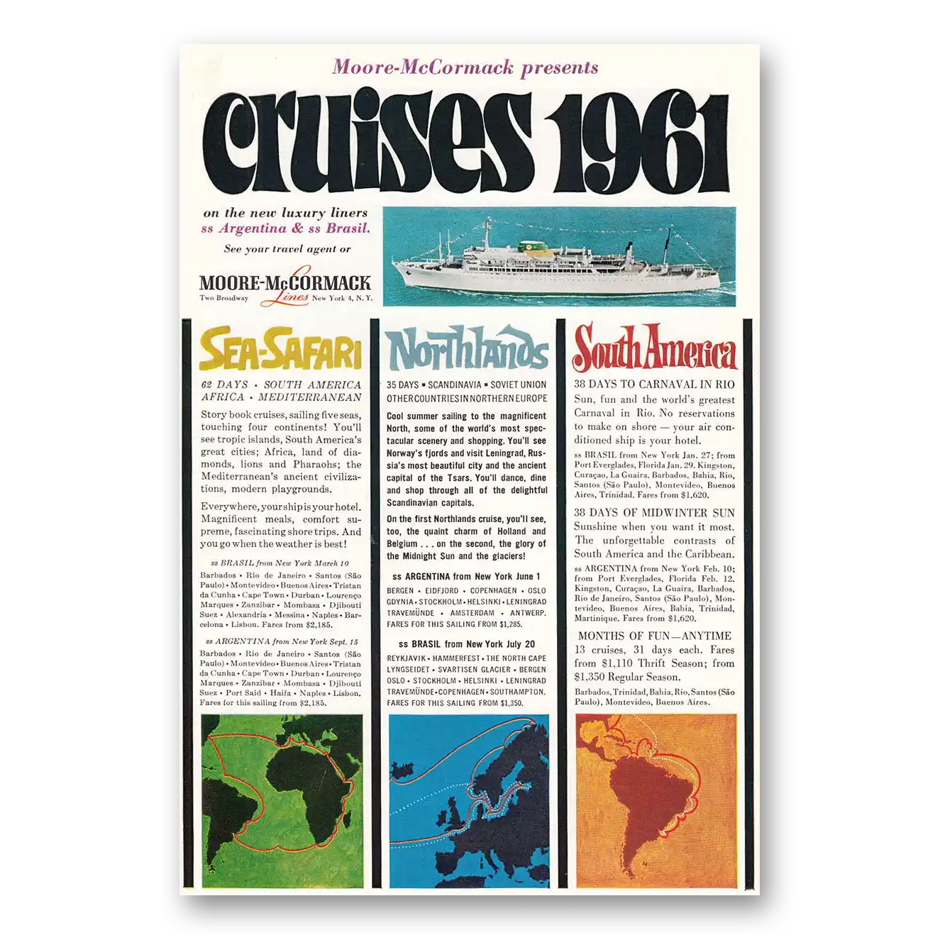 1960 Moore McCormack Lines Cruises 1961 Sea Safari Northlands South America Vintage Magazine Print Ad