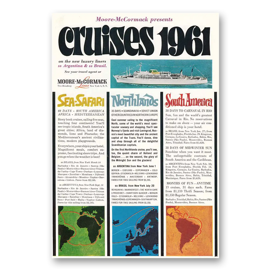 1960 Moore McCormack Lines Cruises 1961 Sea Safari Northlands South America Vintage Magazine Print Ad