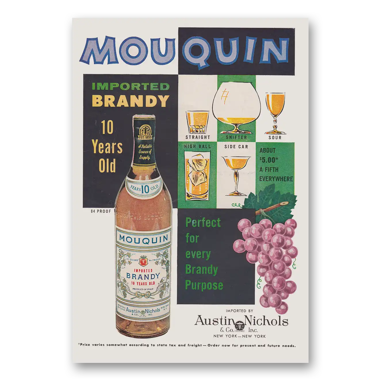 1960 Mouquin Brandy 10 Years Old Vintage Magazine Print Ad