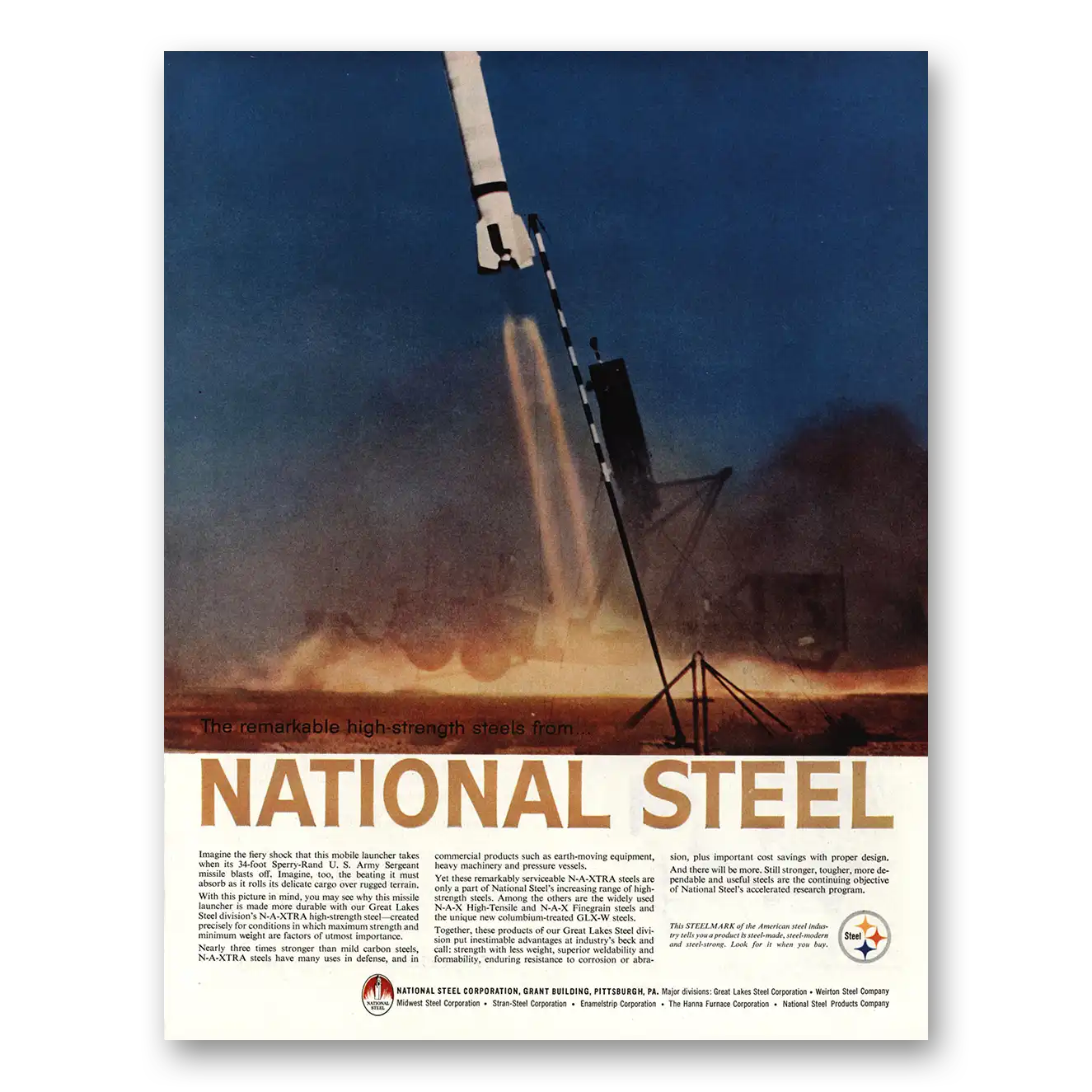 1960 National Steel Fiery Shock Mobile Launcher Vintage Magazine Print Ad