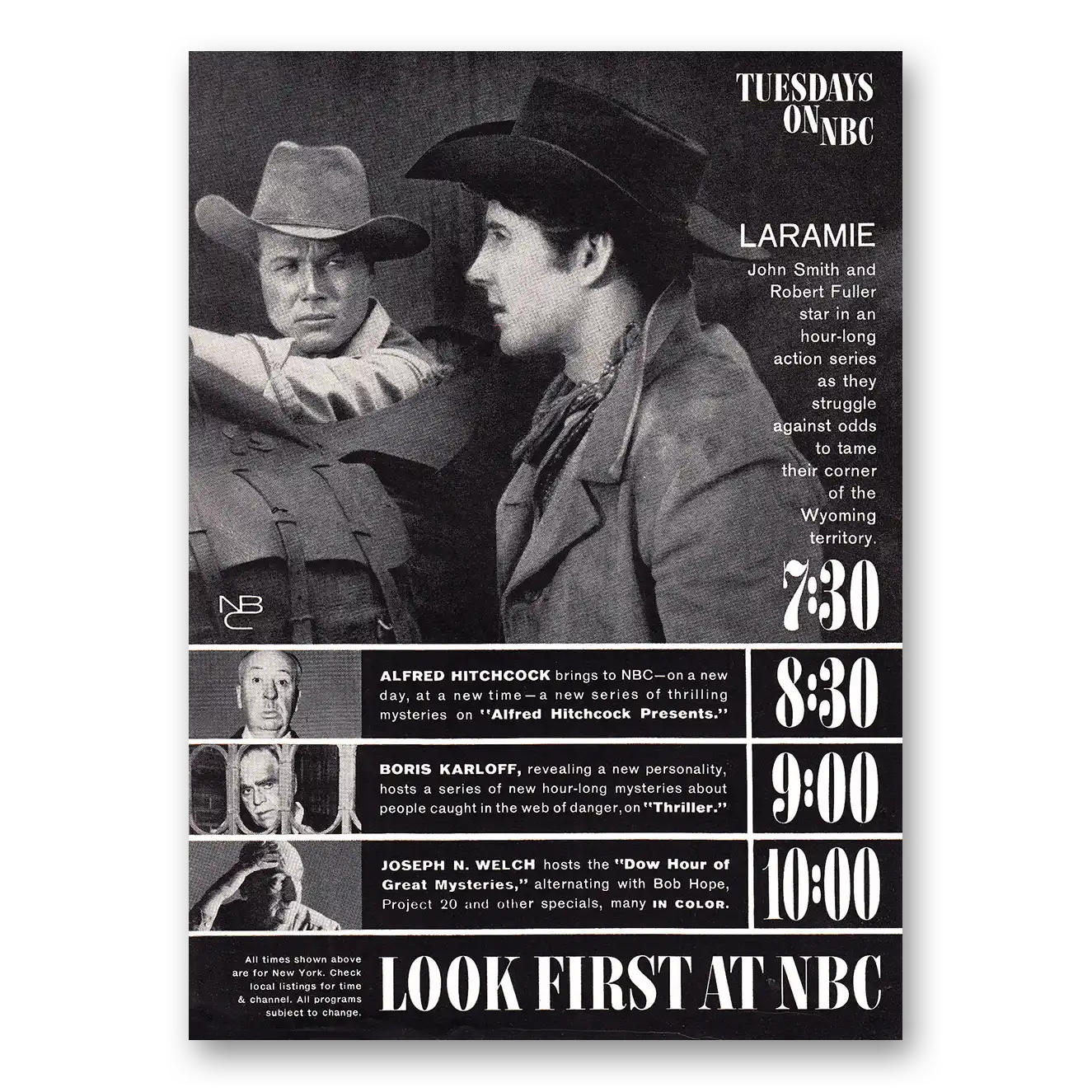 1960 Laramie Promo Tuesdays on NBC Vintage Magazine Print Ad