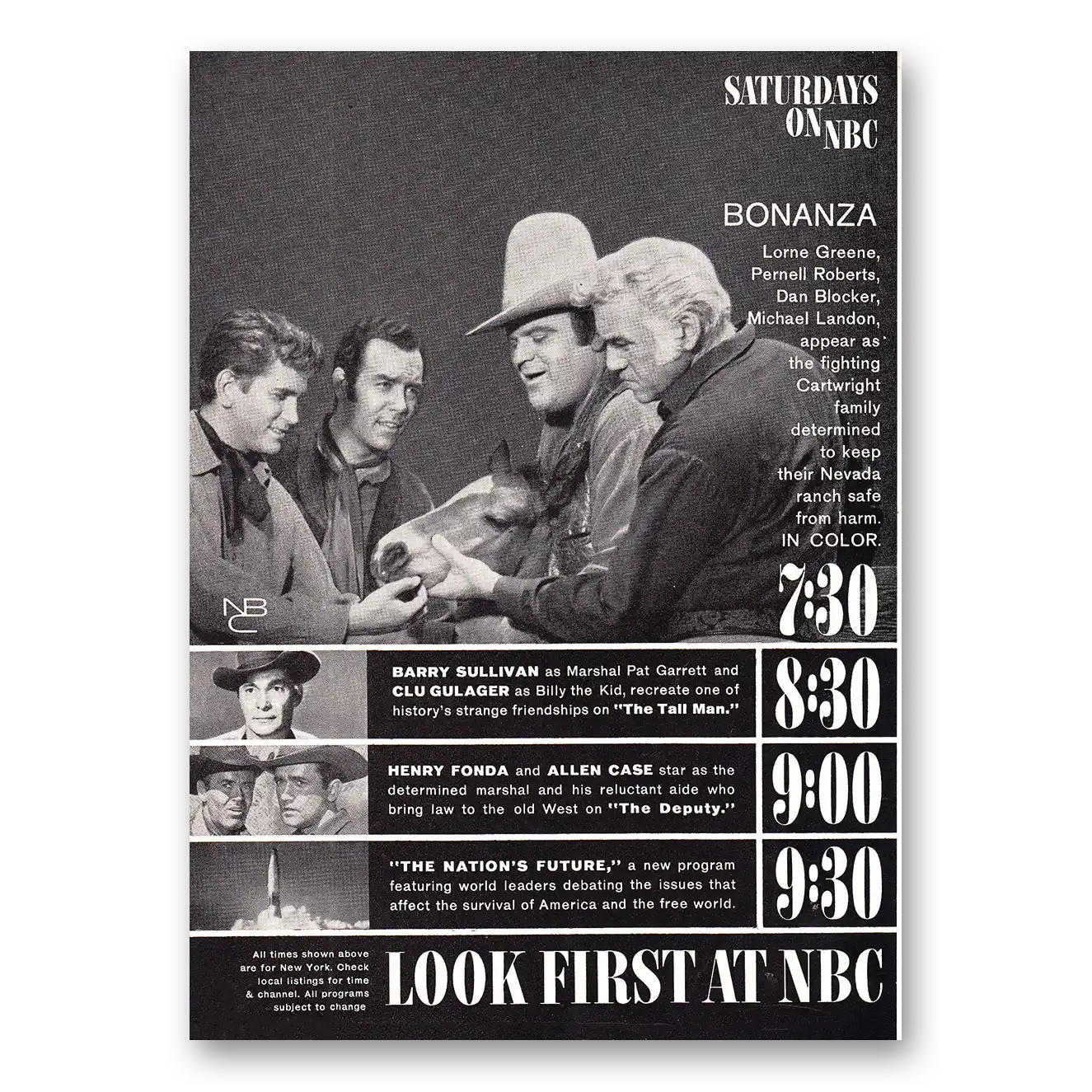 1960 Bonanza Promo Saturdays on NBC Vintage Magazine Print Ad